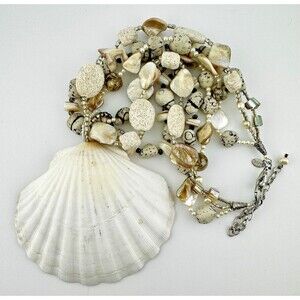 Chico’s Shell Pendant Large Statement Necklace Mother of Pearl Lava Stone 20” +